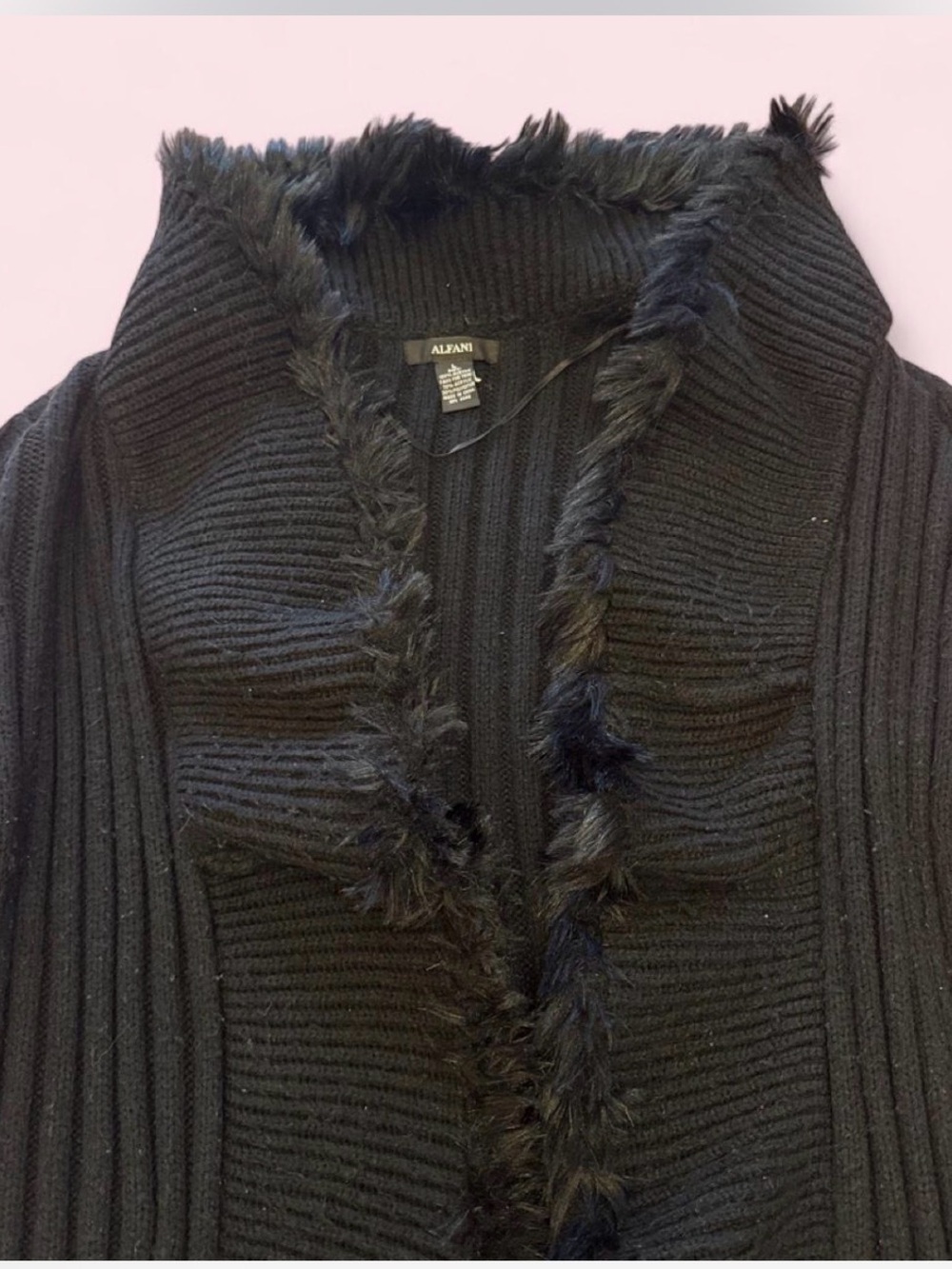 Alfani Black Ribbed Open-Front Cardigan with Faux Fur Trim